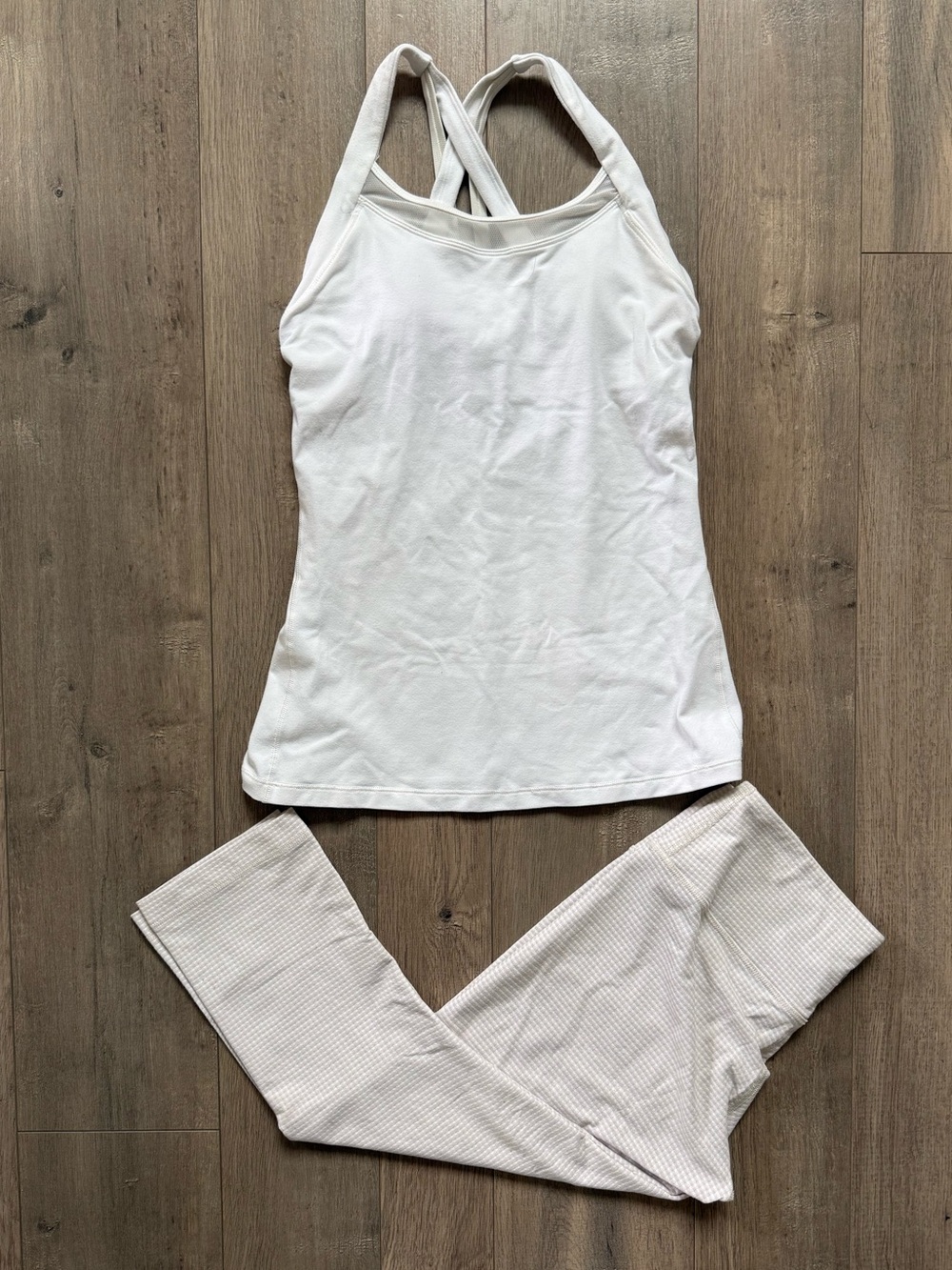 Lululemon Gingham Tan/White Cropped Leggings and Top Set